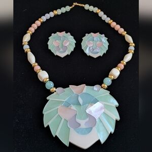 Vintage 80s Lee Sands Pastel Mother Of Pearl Lion Necklace and Earring Set